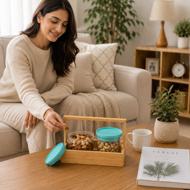 Wooden Dry Fruit Tray with 2 Unbreakable Transparent Containers  | Dry Fruit Gift Set 500ml