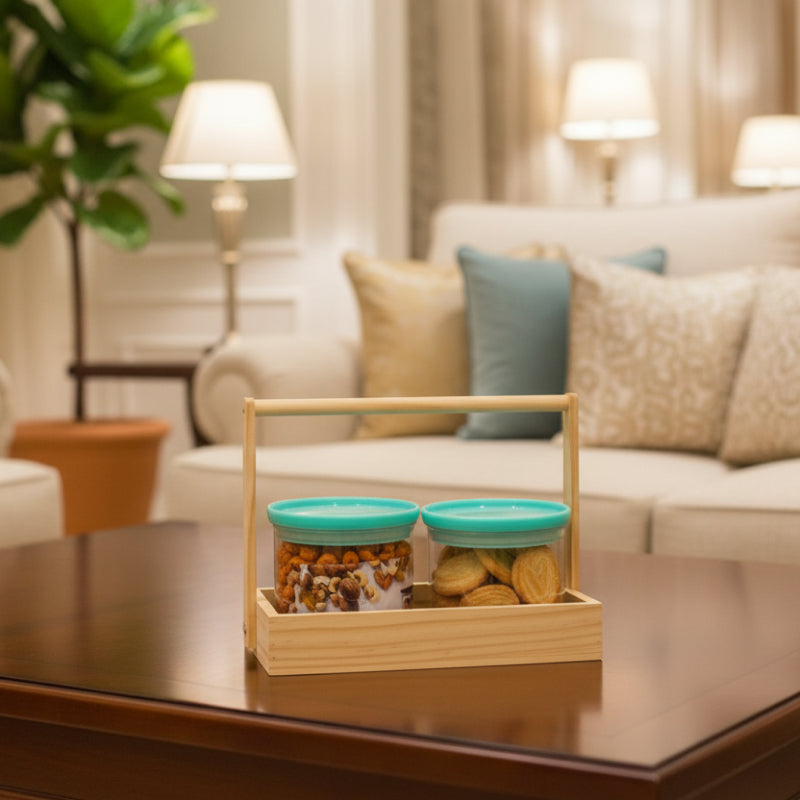 Wooden Dry Fruit Tray with 2 Unbreakable Transparent Containers  | Dry Fruit Gift Set 500ml